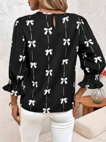 SHEIN Clasi 蝴蝶结印花圆领修身中线女式衬衫，夏季春季教师衬衫，适合女教师度假乡村夏装 - 黑色 - 查看 2