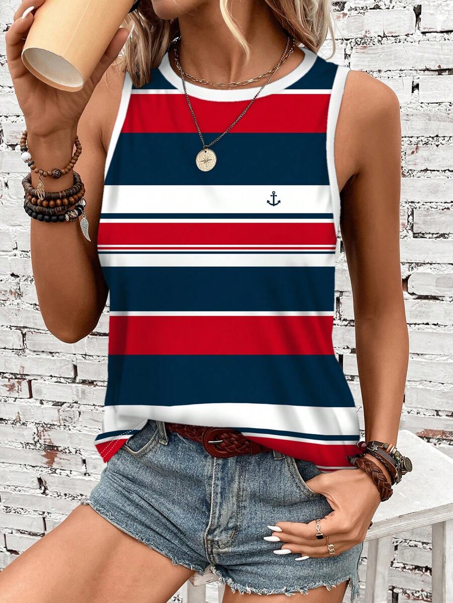 SHEIN LUNE Woman Plus Size Casual Striped Print Camisole & Tank Top, Red Blue White Color Block Navy Style, Suitable For Summer Woman S Summer Clothes Back To School - Multicolor - View 1