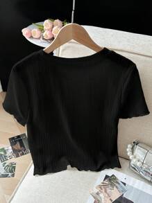 SHEIN Áo thun nữ tay ngắn họa tiết hoa trang trí đơn giản - màu đen - Xem 2