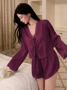 DAZY Romantic Lace Patchwork Satin Bowknot Top And Shorts Pajama Set For Women, Fall Winter Clothes