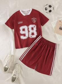 SHEIN Explorewe 2pcs/Set Tween BoysCasual Sports Digital Print T-Shirt And Shorts Outfit, Suitable For Leisure, Sports, School, Summer, Back To School 2025 - Burgundy - View 1