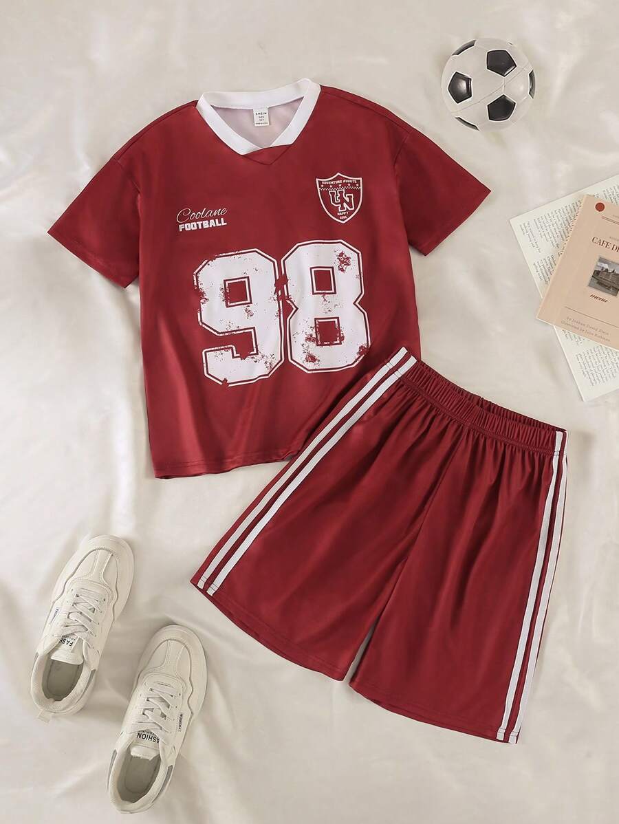 SHEIN Explorewe 2pcs/Set Tween BoysCasual Sports Digital Print T-Shirt And Shorts Outfit, Suitable For Leisure, Sports, School, Summer, Back To School 2025 - Burgundy - View 1