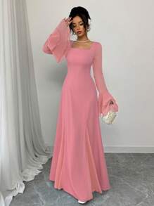 Rafferiza Blue Square Neck Layered Ruffle Sleeve Loose Midi Dress For Women Fall Cloth For Women - Pink - View 6