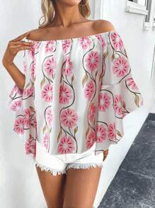 Breezaya Áo cánh rộng tay loe hở vai in hoa cho nữ, phong cách nghỉ dưỡng - Nhiều màu - Xem 4