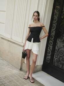 Nöista 露肩上衣，夏季肩部松紧带设计，正面纽扣闭合，适合度假穿着，7月4日主题上衣 - 黑色 - 查看 2