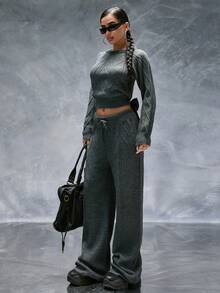 RueChic Set di maglione lavorato a maglia grigio e pantaloni a vita alta con dettaglio di laccio sul retro per donna, coordinato, abbigliamento invernale, autunnale - Grigio - Visualizzare 4