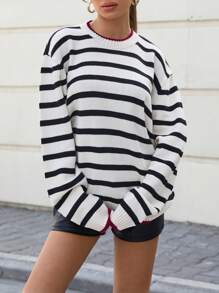 RueChic Strickpullover Damen – Oversize Sweater Mit Schwarz Weiß Streifen & Roten Kontrastdetails, Casual Knitwear #StreetScene #NeueHerbstmode #MinimalistFashion,Jumper,Cream Jumper,Jumpers For Women,Jumpers,Black Jumper,Womens Jumper,White Jumper,Women's Jumper,Women's Jumpers,Winter Clothes - Black and White - View 6