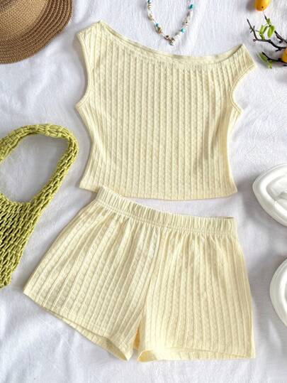 SHEIN Conjunto casual de 2 piezas para preadolescente: Top asimétrico de hombro de punto texturizado y pantalones cortos ajustados, apropiado para fiestas, playa, cruceros, festivales, verano, color amarillo