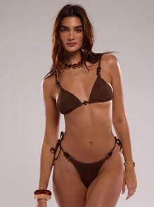 SHEIN BAE Urlaubsstrand Frühling & Sommer elegantes Retro Party braunes perlenbesetztes Mini Dreieck Bikinioberteil - Braun - Übersicht 5