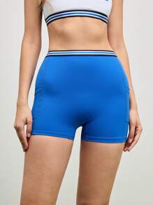 SHEIN Cheerettes Pantalones cortos deportivos de verano con estampado de rayas, cintura elástica y bolsillos - Azul y blanco - Ver 3