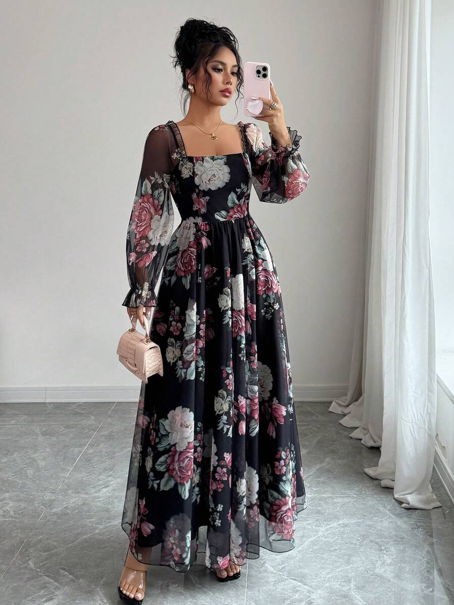 Modelyn 女士灯笼袖方领花卉印花束带连衣裙，浪漫优雅度假婚礼派对礼服 - 彩色 - 查看 1