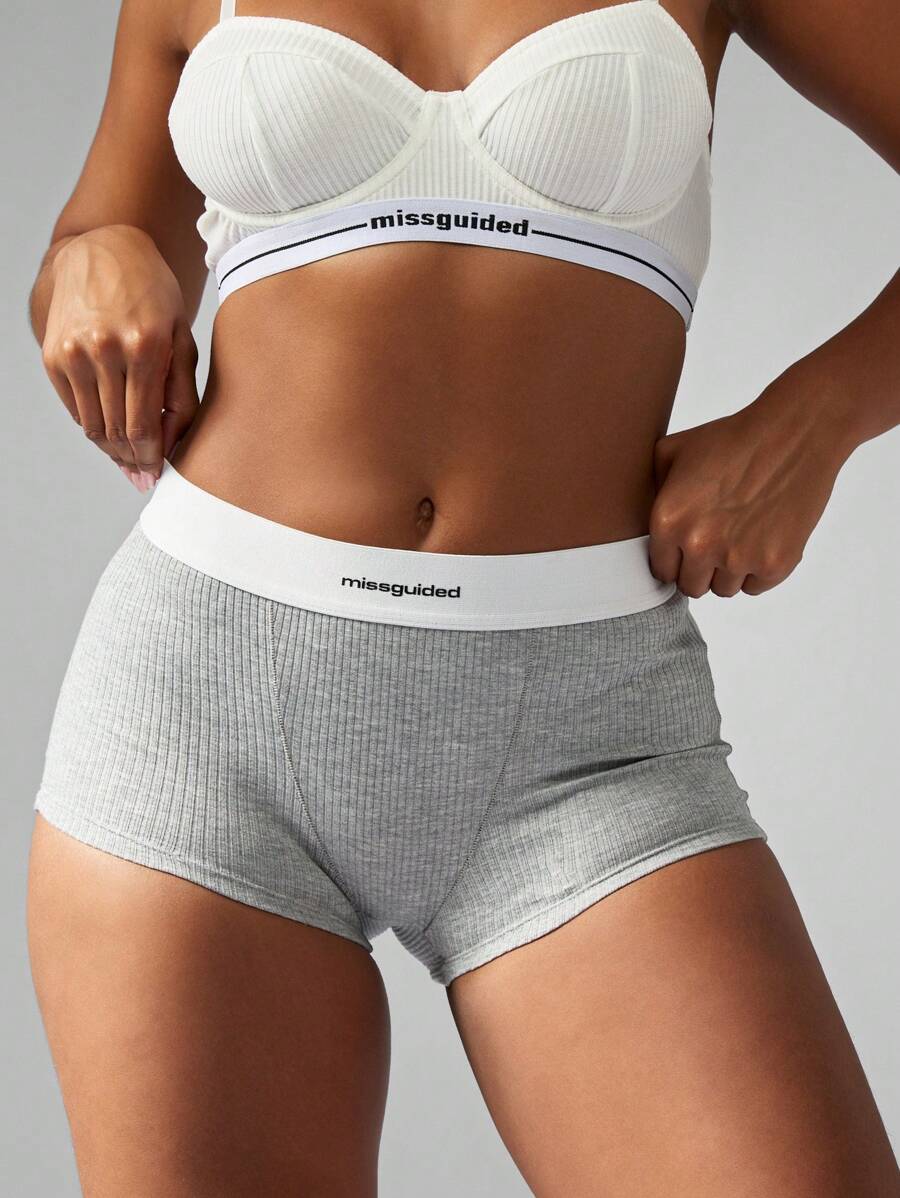 MISSGUIDED High Waisted Ribbed Boyshorts Underwear Premium Stretch Boy Shorts For Workout Active Comfort Everyday Wear - Grey - View 1