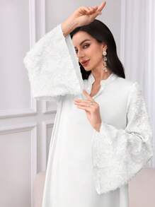 Al Najma 勃艮第红色女式 V 领喇叭袖仿珍珠装饰优雅阿拉伯连衣裙，优雅端庄的华丽束腰外衣阿拉伯长袍，适合晚会/日常休闲 - 白色 - 查看 7