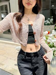 K-Vae Omen's粉色四季针织开衫，单排扣露肩短款长袖休闲针织开衫，学院风针织开衫 - 粉色 - 查看 4