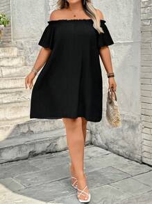 SHEIN CURVE+ Đầm suông tay ngắn màu trơn dáng rộng hở vai, viền bèo nhún cỡ lớn cho nữ, trang phục thường ngày mùa hè/đồng quê/bãi biển, trang phục đi biển/đồ mặc đi biển, váy mùa hè cho nữ, váy bồng bềnh - màu đen - Xem 7