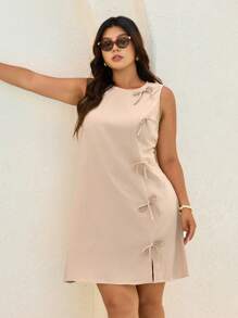 Elaquor Plus Size Casual Vacation Bow Decor Sleeveless Round Neck Dress,Business Casual Woman