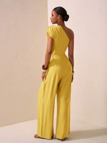Zivah Women's Asymmetric Design Textured Fabric Brown Sleeveless Jumpsuit, Suitable For Music Festivals, Easter, St. Patrick's Day, Western/Nomadic Style, Birthday Parties, Graduation, Campus Style, Casual Outings, Vacation, Cruise Travel, Beach, Sun Bathing, Street Style, Elegant Yellow - Yellow - View 3