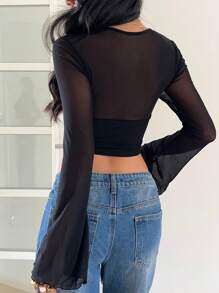 SHEIN EZwear 夏季服装纯色荷叶边袖短款T恤 - 黑色 - 查看 2