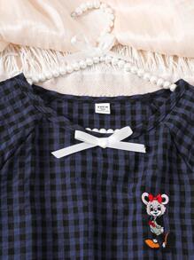 少女海军蓝简约格子印花圆领短袖荷叶边下摆休闲宽松睡袍睡衣 - 藏蓝色 - 查看 5