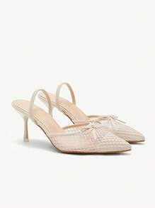 CUCCOO CHICEST Women's Pointed Toe Hollow Out Mesh Bow Decor Stiletto Heels, Elegant Commuting Fashion High Heels Sandals, Suitable For Office, Date, Party, Beige - Beige - View 9