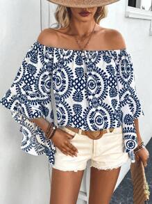 Breezaya 满版印花露肩休闲夏日度假衬衫