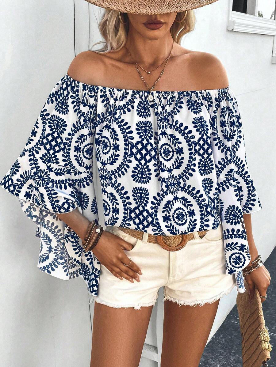 Breezaya 满版印花露肩休闲夏日度假衬衫