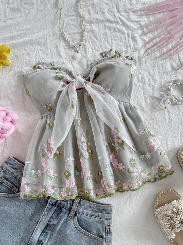 Soleia Blusa holgada con top tubo de malla verde bordada para mujer de talla grande