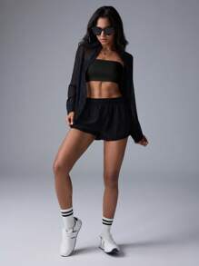 Menodora SHEIN Sport 休闲纯色针织短款修身抹胸 - 黑色 - 查看 6