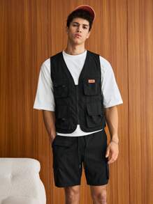 SWAVVY Men Flap Pocket Vest Jacket & Drawstring Waist Shorts