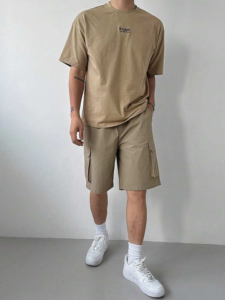 Khaki Men's Summer T-Shirt & Short Set With Letter Embroidery