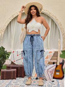 EMERY ROSE Plus Size Solid Color Bow-Knot Decor Multiple Pockets Elastic Waist Loose Jeans - Blue - View 5