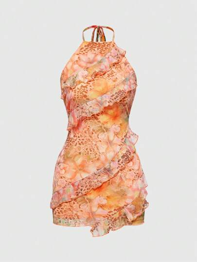 ROMWE Avant Y2K Retro Holiday Beach Chic Leopard & Floral Print Dress For Women