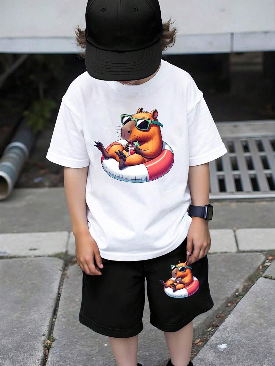 GraphicGems 2 件套年轻男孩基本款短袖 T 恤 + 黑色短裤套装 - 多色 - 黑色 - 查看 1