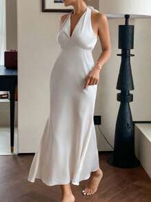 DAZY 简约缎面露背束腰女士睡袍睡衣