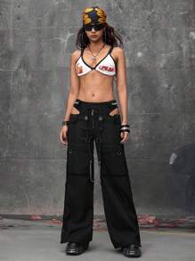 ROMWE Grunge Punk Y3K 功能风格侧金属扣金属链工装裤 - 黑色 - 查看 8