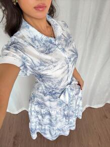 Breezaya 女式白色底蓝色花卉印花系带荷叶边下摆短袖长裙 - 藍色 - 查看 6