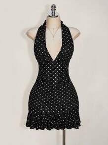 SHEIN ICON Plus Size Deep V-Neck Black & White Polka Dot Casual Vacation Vintage Mini Dress, Summer Dress For Women, Summer Vacation, Back To School Clothes,Summer Dresses For Women,Wedding Guest Dress Women - Black and White - View 3