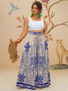 Travachic Plus Size Women Bohemian Green Floral Print Loose Wide Leg Pants, Casual Summer Vacation Boho Style