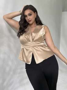 Firerie Áo cánh không tay bằng vải satin cổ bẻ viền bất đối xứng cỡ lớn mùa xuân/hè mới thanh lịch lãng mạn mặc hàng ngày cho nữ - Rượu sâm banh - Xem 1