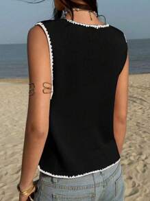 Jouncy 女式休闲度假纽扣前无袖针织上衣 - 黑色 - 查看 2