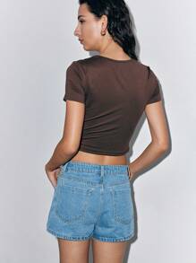 Lumivelle Women's Summer Casual Street Low Waisted Denim Skirt Shorts - Medium Wash - View 2
