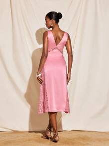 BELZY Women Elegant Pink Satin Transparent Lace Blocked Deep V Midi Dress Summer Wedding Romantic