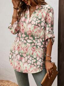 SHEIN Clasi Áo cánh thường ngày in họa tiết toàn thân cổ bẻ tay bo gấu cho nữ, Xuân/Hè - màu xanh lá - Xem 4