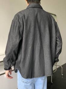 SHEIN Teen Boy Fashion Casual Y2k Vintage Basic Simple Comfortable And Breathable Button Up Black Long-Sleeved Lapel Denim Shirt For Soft Dailywear, Summer, Spring, Rave, Festival, Beach, Fall, Back To School, Old Money Style Streetwear Punk Winter