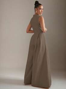 Hauture Extreme Wide Leg Zip Front Sleeveless Jumpsuit - Camel - View 4