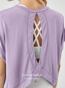 GLOWMODE Camiseta corta de manga corta oversize de modal con escote en la espalda para yoga de bajo impacto y uso diario casual - Bruma de Lavanda - Ver 3