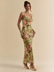 SHEIN BAE 扎染花卉印花垂坠领露背修身长裙，性感优雅度假连衣裙，适合海滩度假，春夏季 - 綠色 - 查看 6
