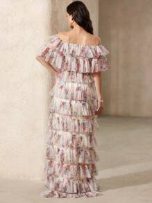 Aveloria Rosie Rose Garden-Style Pink Mesh Laser Cut Maxi Dress, Off Shoulder Tiered Ruffle Hem, 3D Mesh Fabric For Elegant Look, Waisted Design Highlights Curves, Suitable For Travel, Vacation, Parties