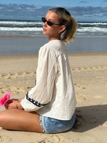 DAZY 女式休闲灯笼袖衬衫，正面纽扣图案印花，度假风格，沙滩装，秋季女装长袖上衣 - 米色 - 查看 5