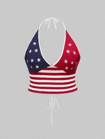 ROMWE Avant Vintage-Stil Pluskarten-Unabhängigkeitstag USA Flagge Stern Jacquard gestreiftes Top mit Trägerhals